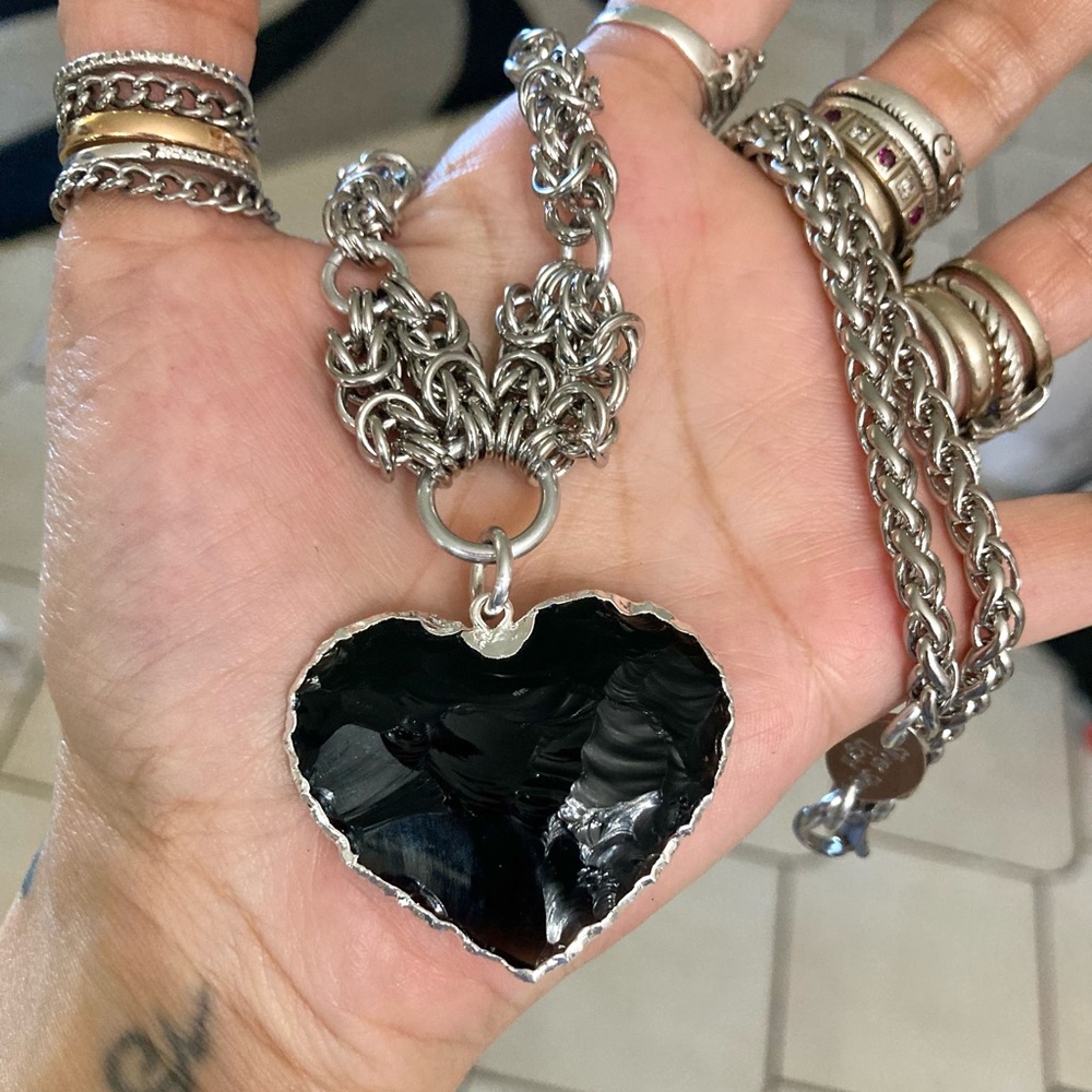 Handmade Genuine black obsidian heart charm maille silver boho choker necklace - Picture 5 of 11